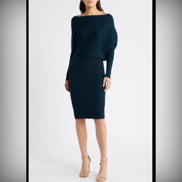 Reiss lara knit dress In Dark Green Size Small Long Sleeve Off Shoulder - Picture 2 of 13